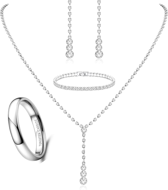 JStyle 4MM Wedding Band Rings with Prom Jewelry Set
