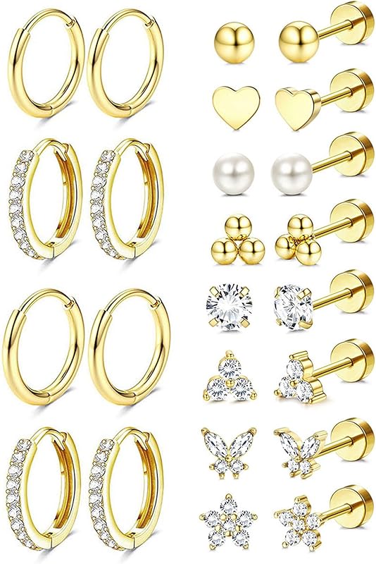 JStyle Hypoallergenic 14K Gold Plated Flat Back Stud and Hoop Earrings