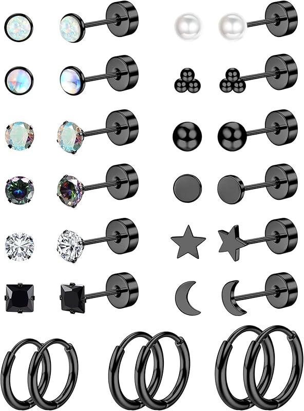 JStyle Hypoallergenic Flat Back Stud Earrings Silver Gold Black Multi-Pack