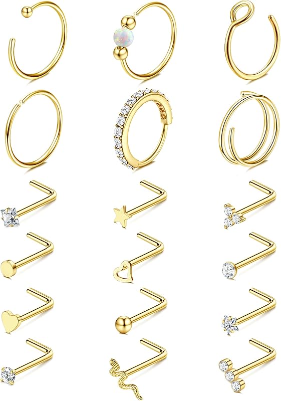 JStyle 18Pcs 14K Gold Nose Rings for Women and Men
